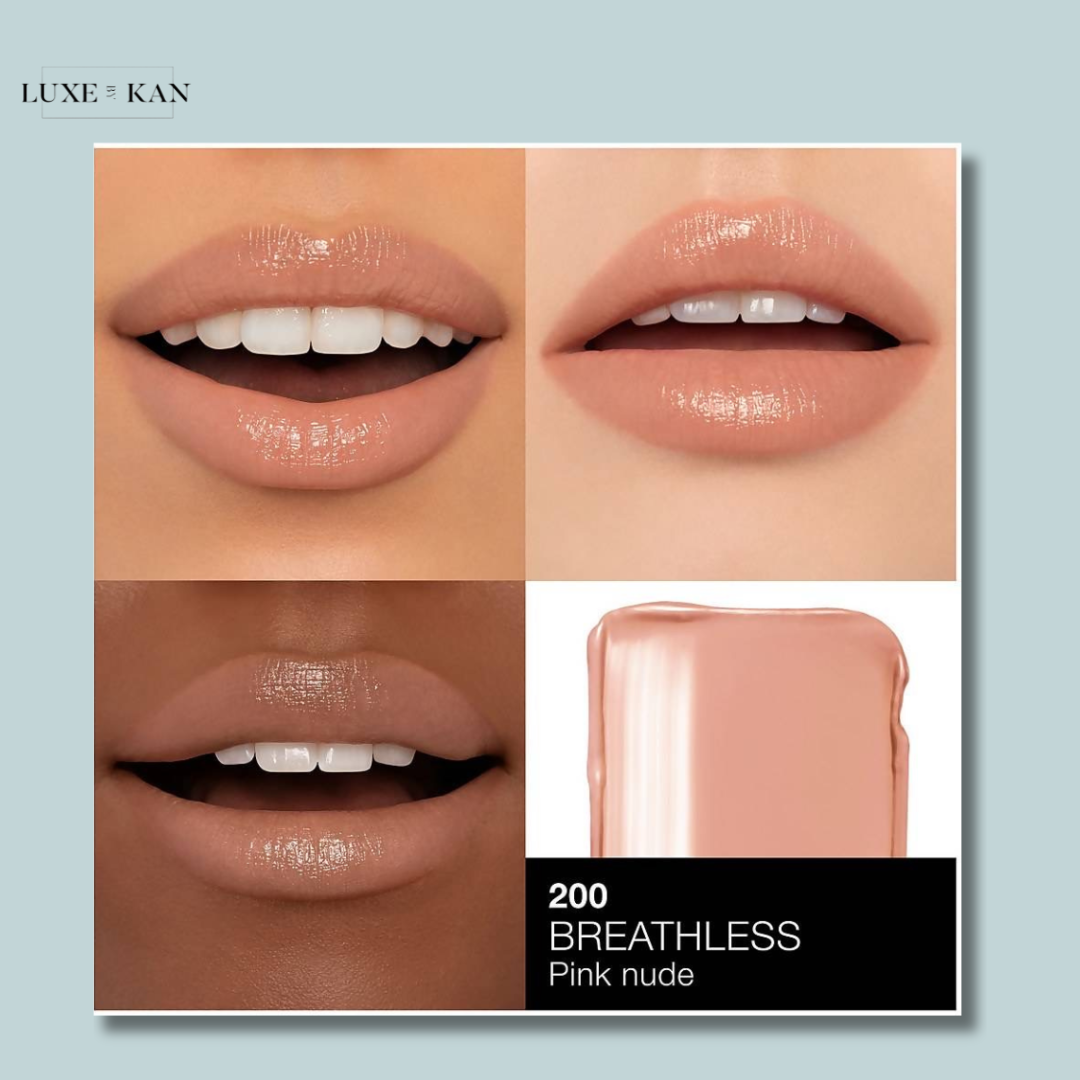 Swatches of "200 Breathless" pink nude lipstick on diverse lips, showcasing different skin tones.