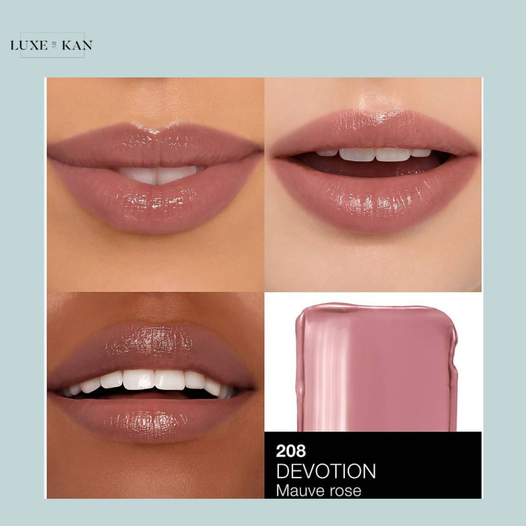 Four close-up images of lips wearing "Devotion" lip color, a mauve rose shade, showcasing various lip finishes and smiles.