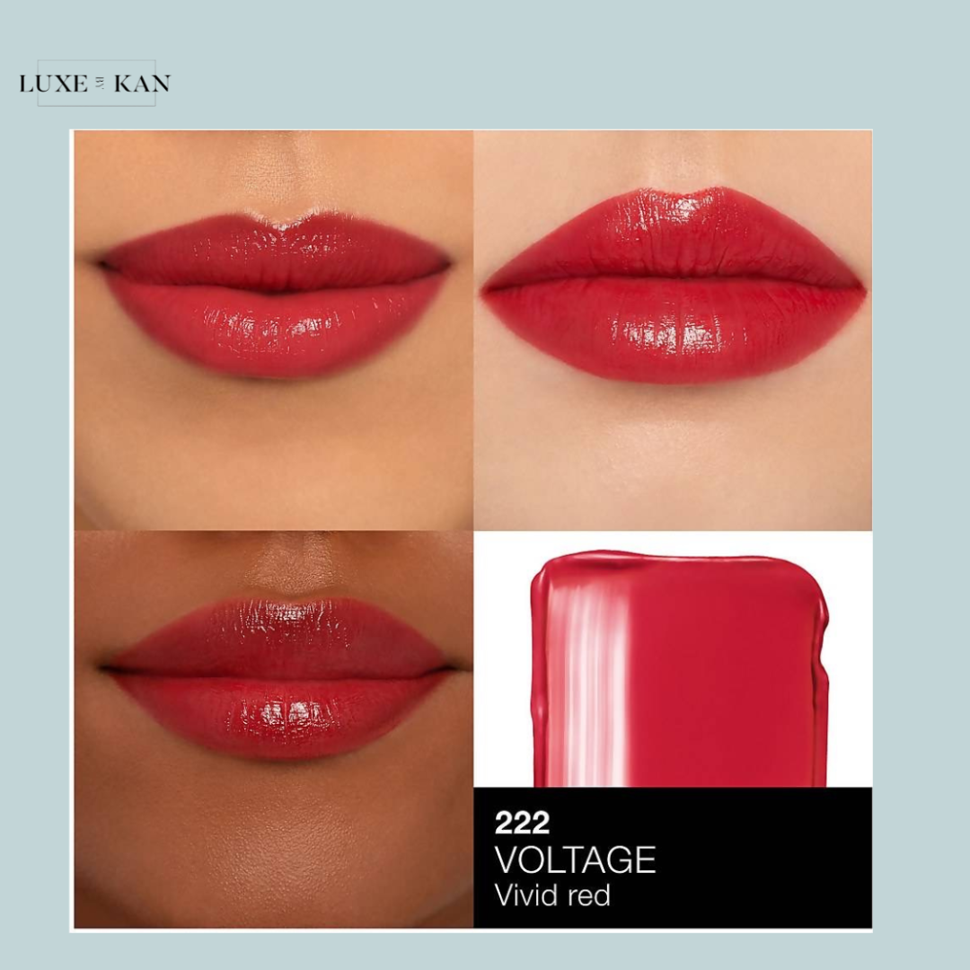 Three lip images showcasing the Luxe & Kan lipstick in shade "222 Voltage" (vivid red), along with a smeared swatch of the color.