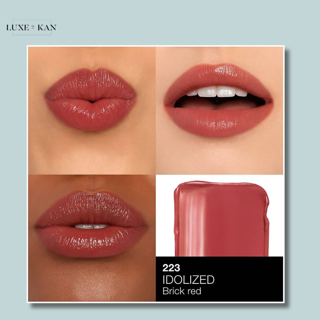 A stylish portrait with soft, blended colors and elegant packaging visible in the background, suggesting a beauty product aesthetic.