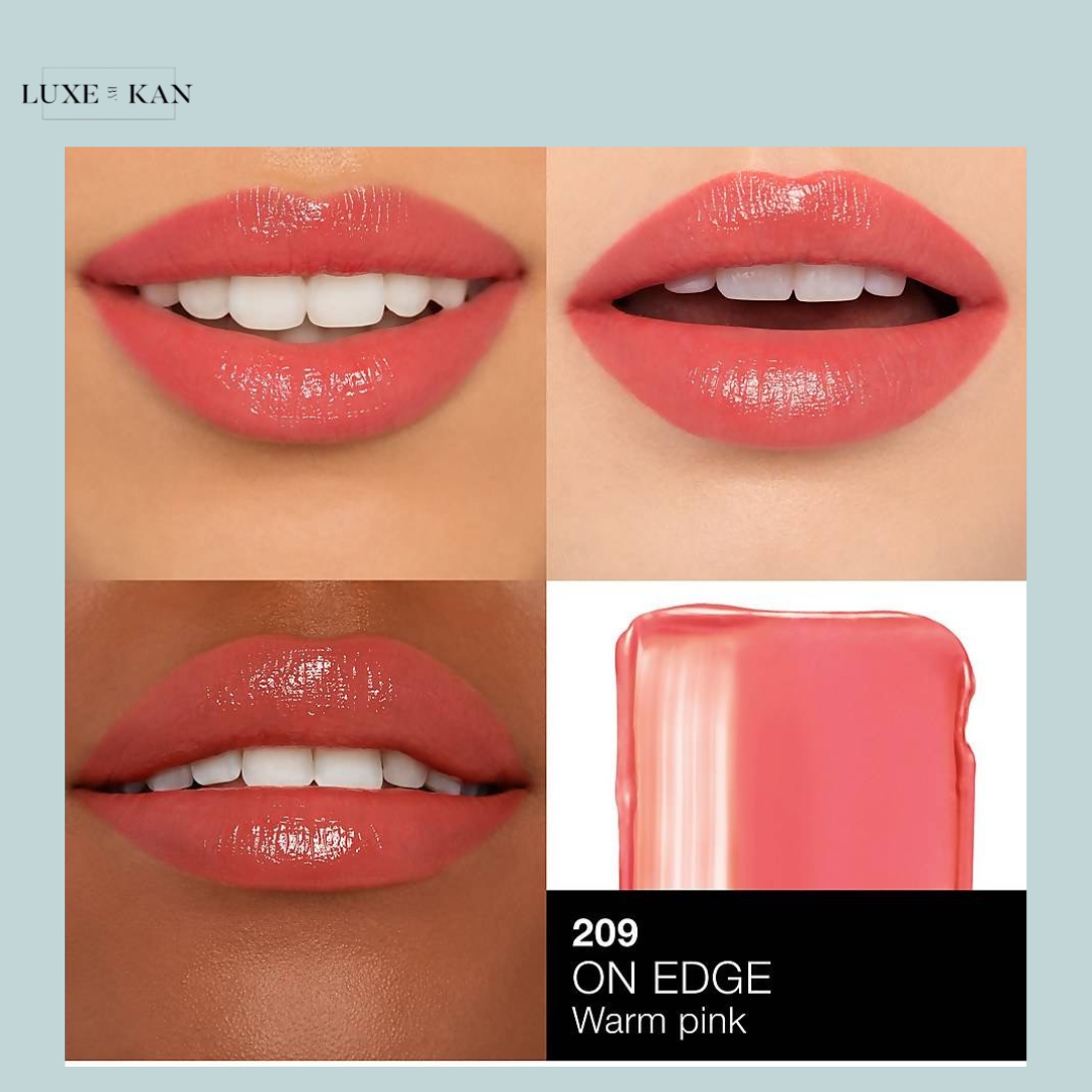 Four views of lips showcasing the lip color "On Edge" (209) in a warm pink shade, with a swatch of the color displayed below.