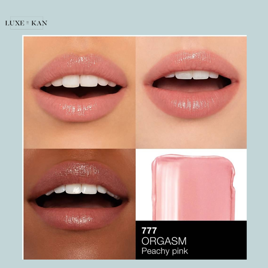 A close-up of smooth lips and a clear lip gloss tube, showcasing soft, natural makeup.