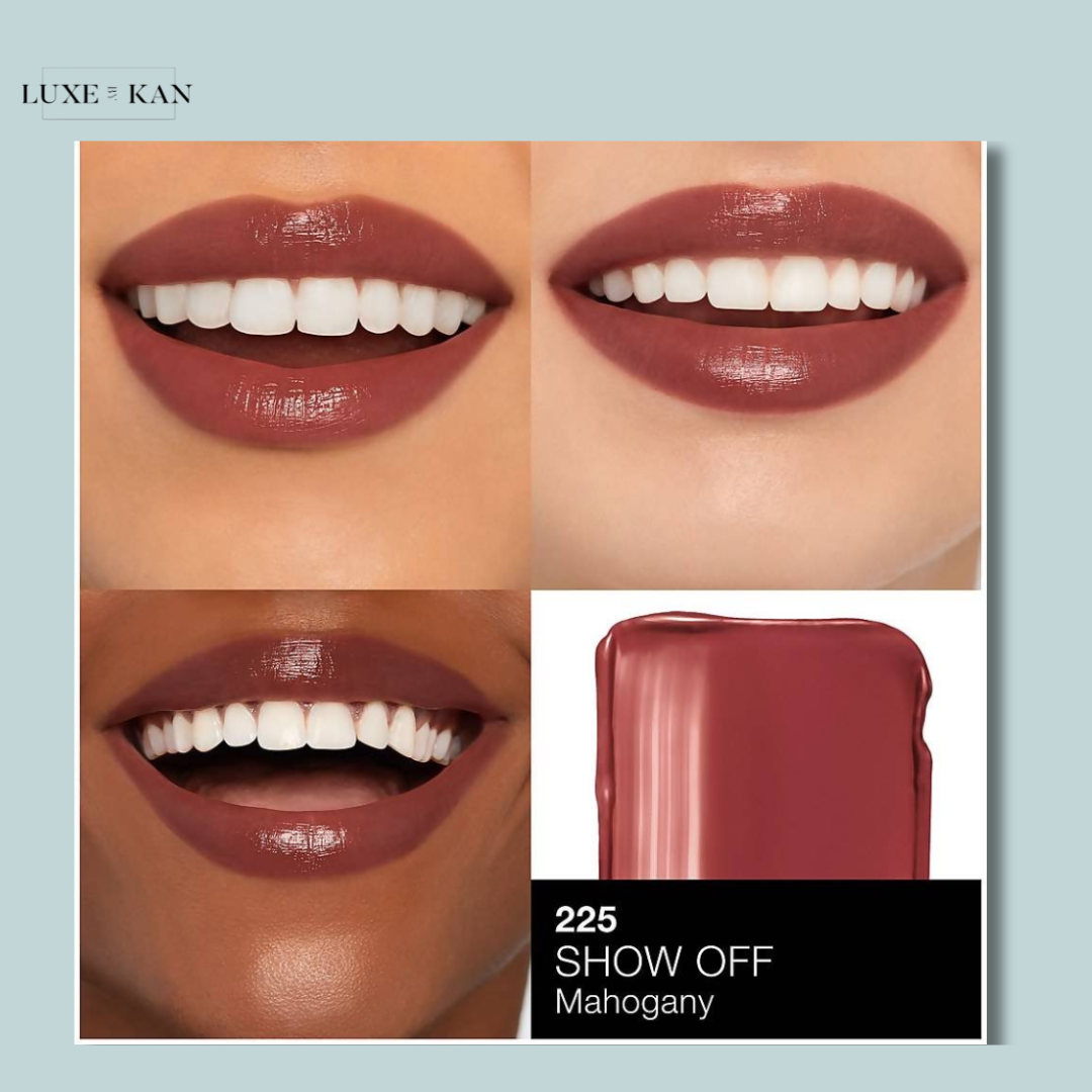 A beauty collage featuring shades of lipstick, a close-up of a smile, and a sleek red lipstick case labeled "Mahogany."