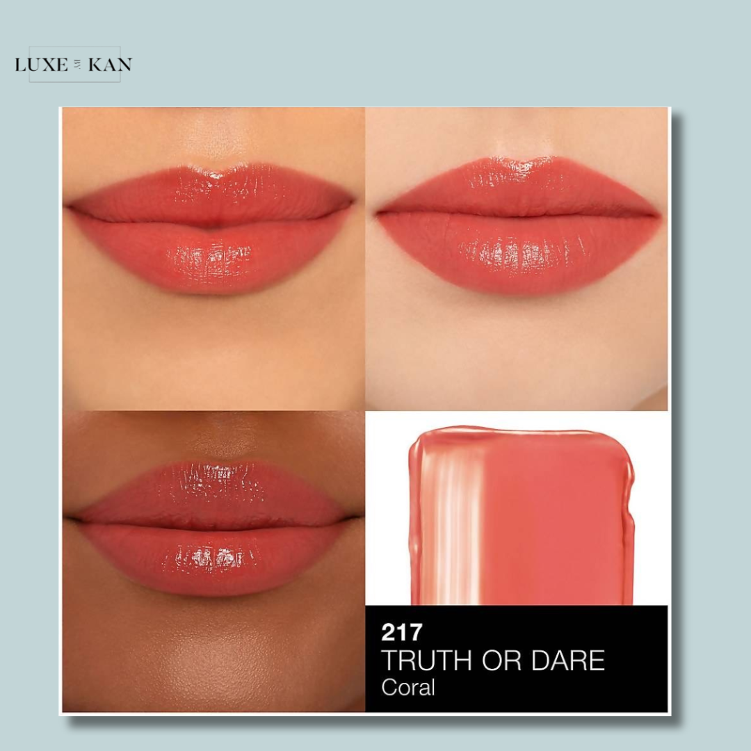 Four lip looks showcasing the "Truth or Dare" coral shade from Luxe & Kan, with swatches and diverse skin tones featured.