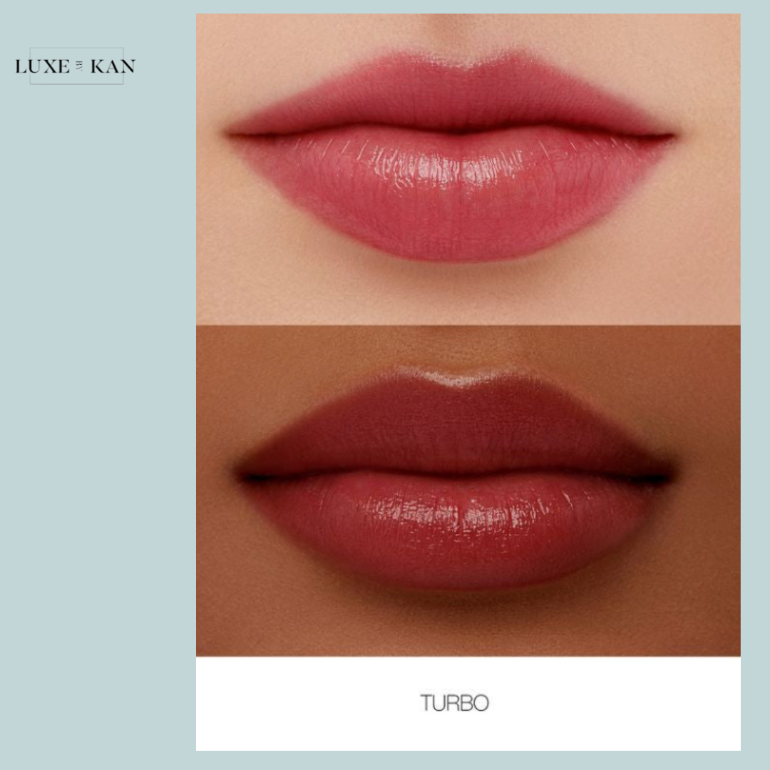 Two sets of lips showcasing the "Turbo" lipstick shade by Luxe & Kan, highlighting different skin tones and finishes.