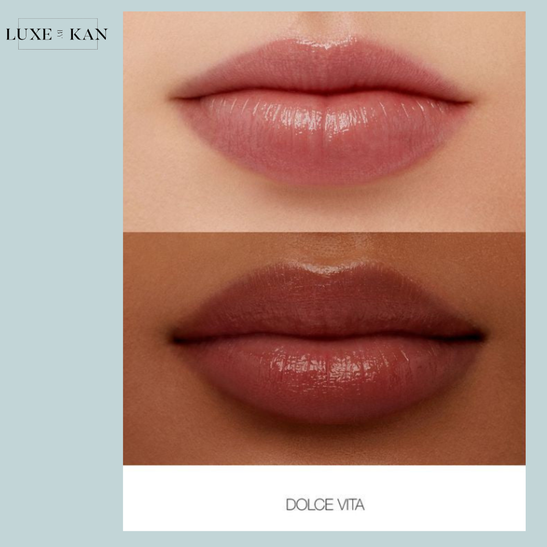 Two sets of lips showcasing the "Dolce Vita" lip color, one light pink and one deep nude.