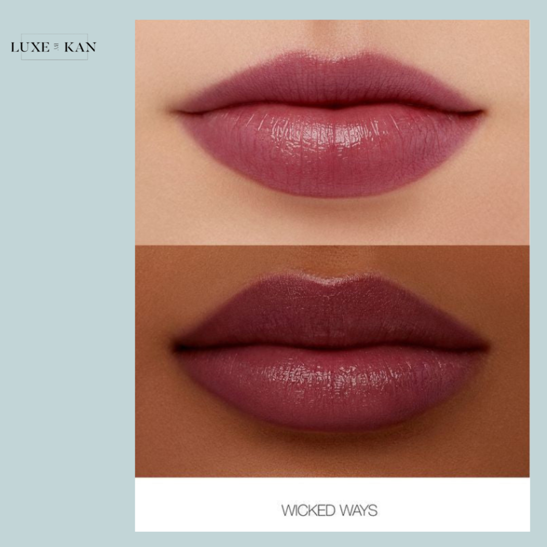 Two sets of lips showcasing the "Wicked Ways" lip color from Luxe & Kan; one with a matte finish, the other glossy.
