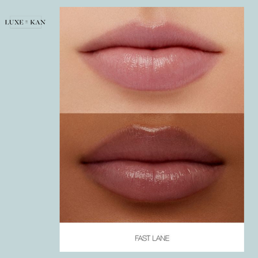 Two images of lips showcasing the "Fast Lane" lip color from Luxe & Kan, with a light nude shade on top and a darker variant below.