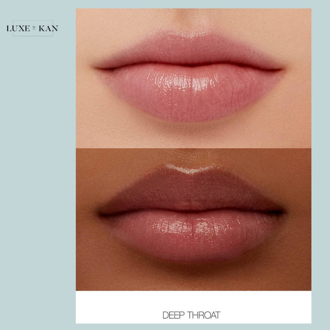 Close-up of two sets of lips, one light pink and the other deep brown, showcasing the "Deep Throat" lip shade from Luxe + Kan.