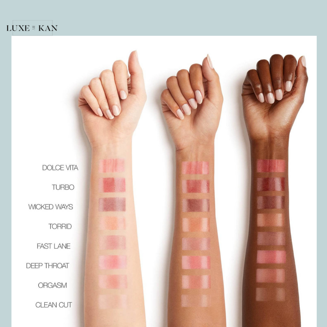 Three models' arms display lip color swatches in various shades, labeled with names like "Dolce Vita" and "Orgasm."