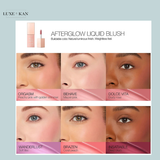 NARS Afterglow Liquid Blush displaying shades "Orgasm" and "Wanderlust," highlighting their colors and finishes.