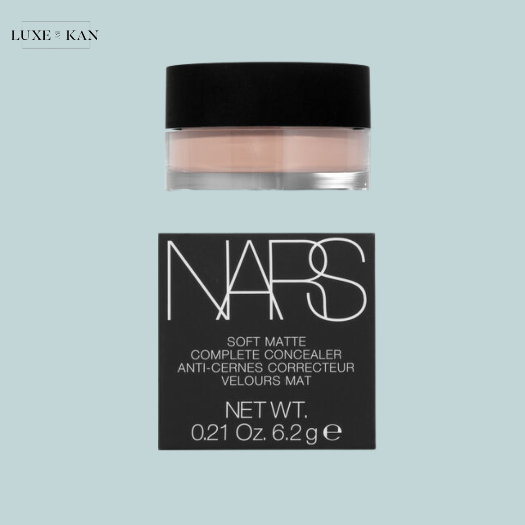 NARS Soft Matte Complete Concealer in a clear jar with a black lid, accompanied by a black box detailing product information.
