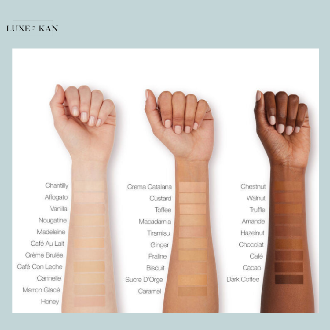 Three diverse arms displaying various skin tone swatches labeled with names such as Chantilly, Chestnut, and Dark Coffee.