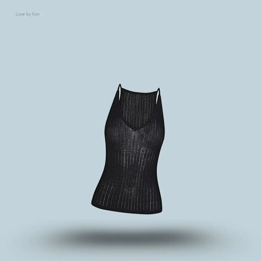 SKIMS Sheer Knit Plunge Tank in Onyx, flat lay on light blue background