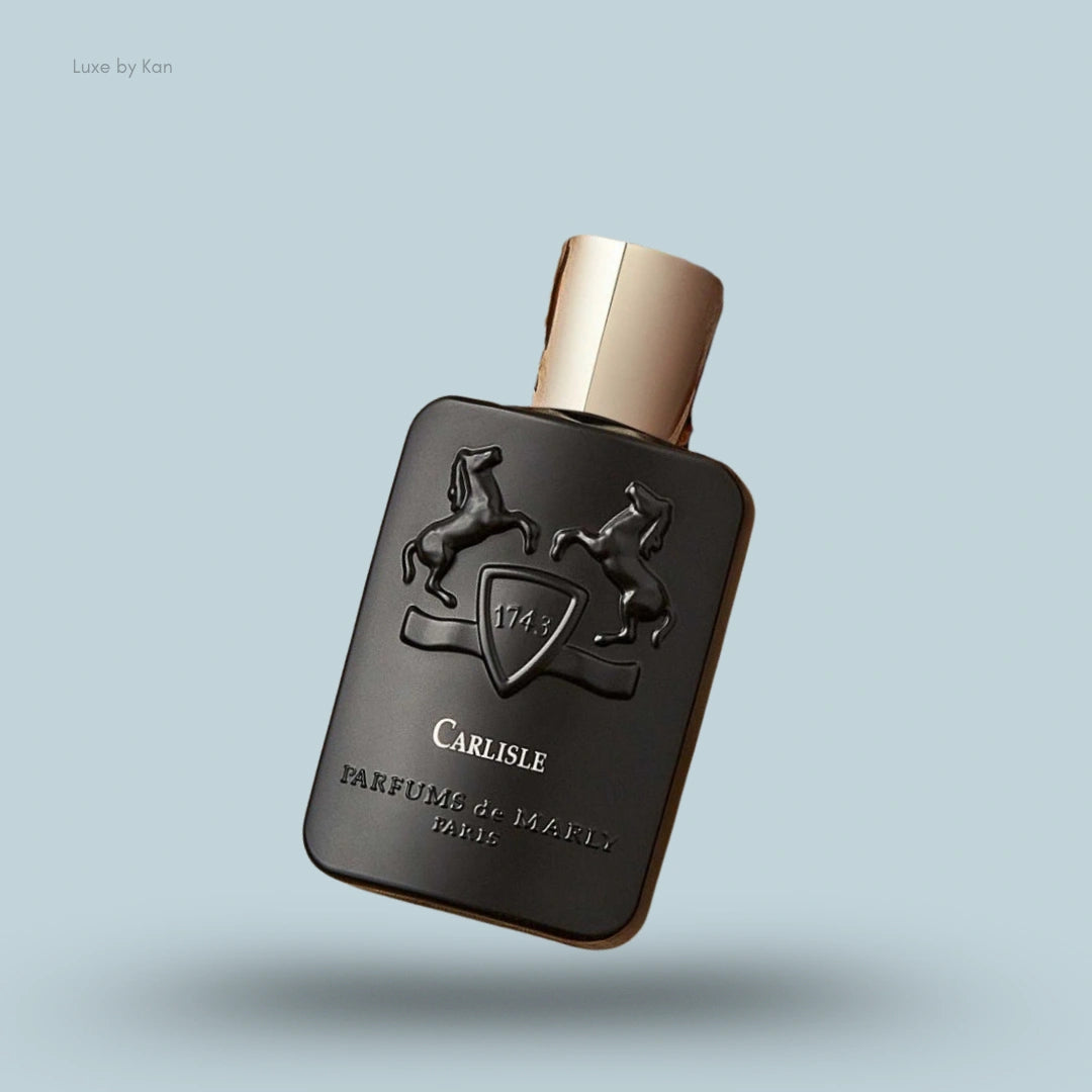 Parfums de Marly Carlisle bottle, black with gold cap and horse emblem.