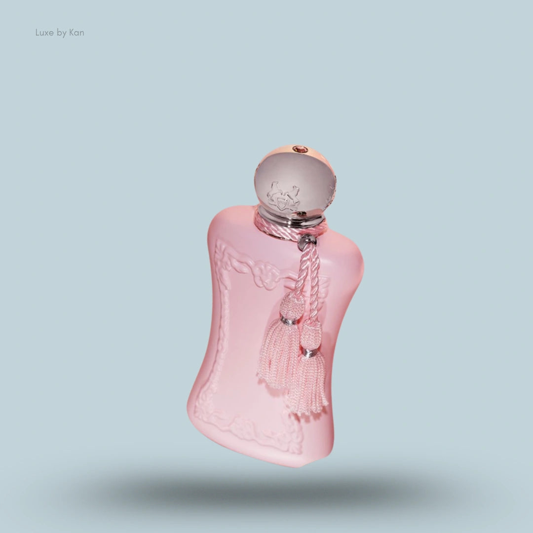 Parfums de Marly Delina bottle; pink glass, silver cap and tassels.