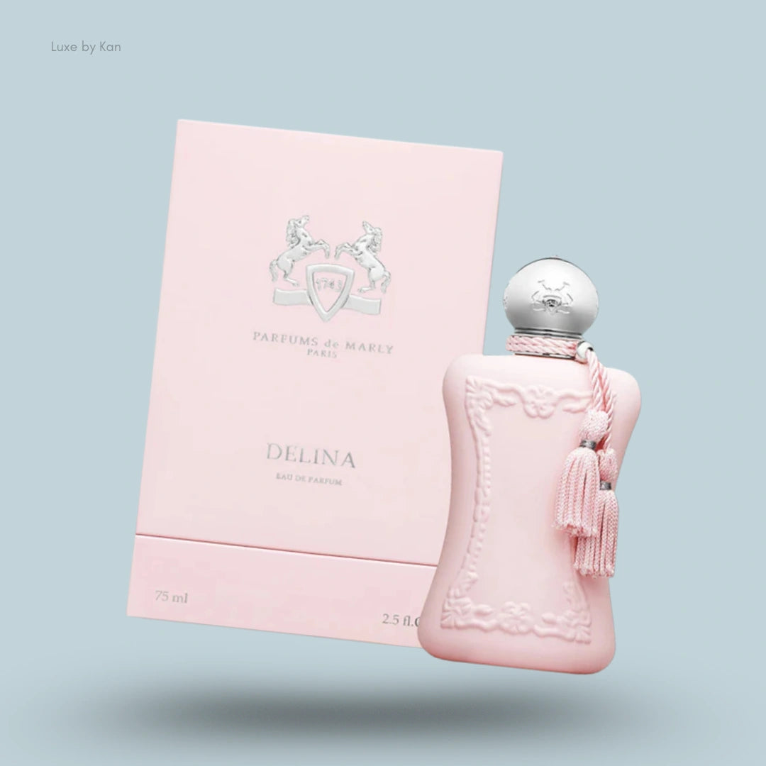 Parfums de Marly Delina La Rosée, pink box and bottle with tassel.