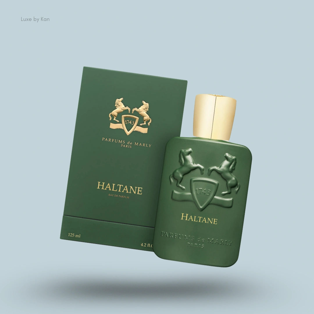 Parfums de Marly Haltane eau de parfum spray and box in green, with a gold cap and emblem.