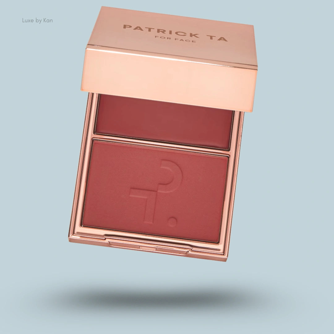 Patrick Ta Major Headlines Double-Take Cream + Powder Blush Duo in rose packaging with cream and powder blush shades.