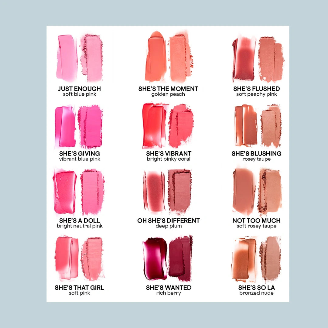 Swatches of Patrick Ta Double-Take Cream + Powder Blush Duos in various colors, labeled with shade names.