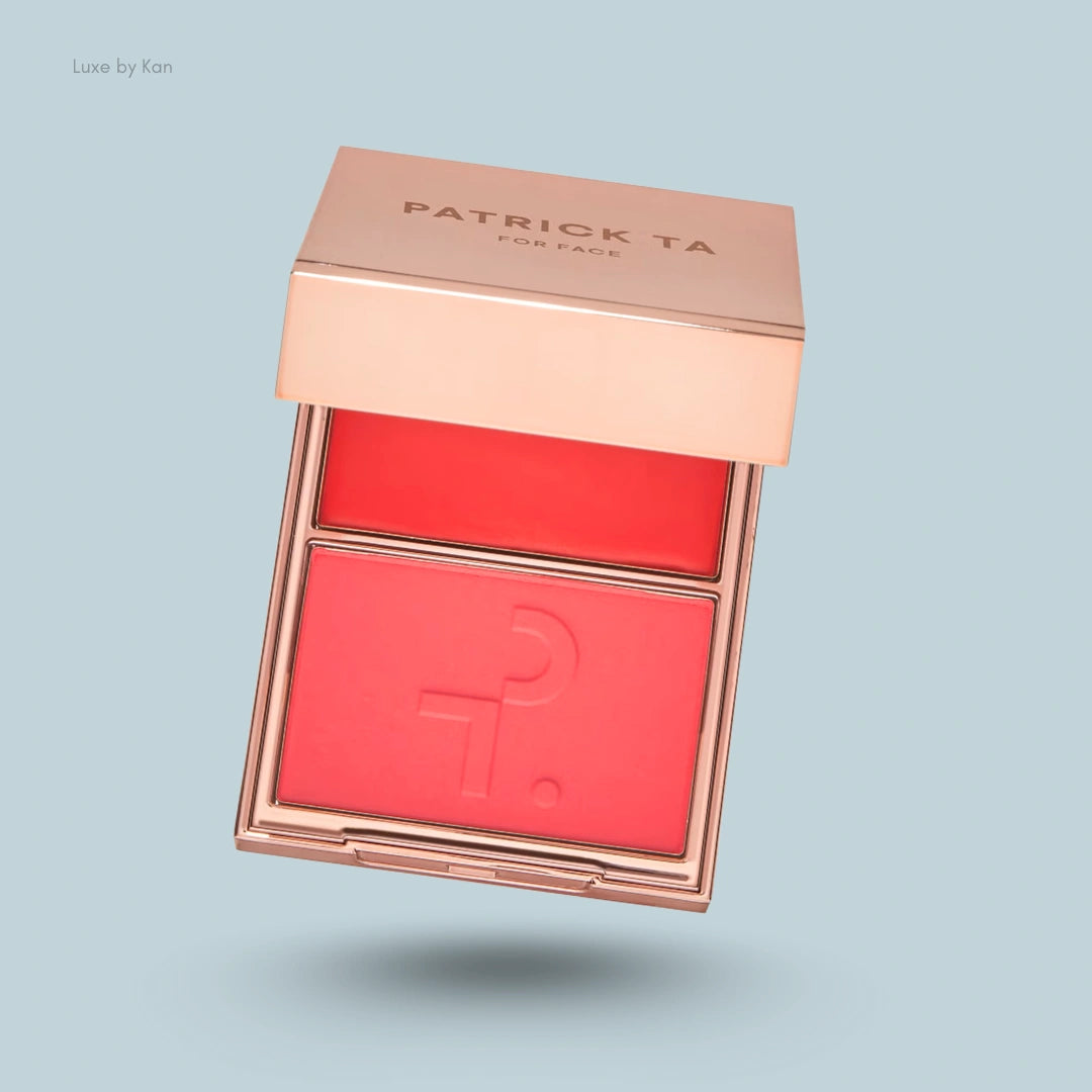 Patrick Ta Major Headlines Double-Take Cream and Powder Blush Duo compact with one cream and one powder blush.
