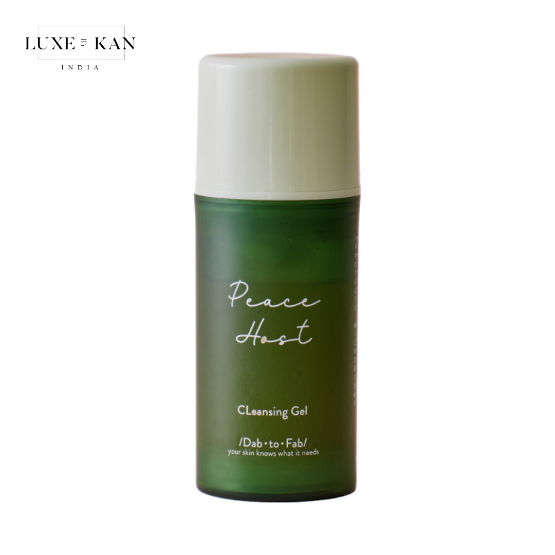 Green cleansing gel bottle labeled "Peace Host" by DAB TO FAB.