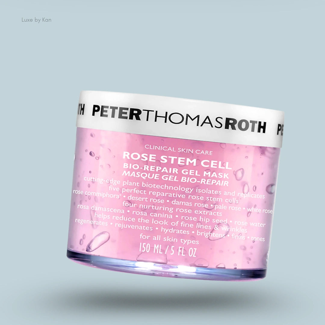 Peter Thomas Roth Rose Stem Cell, anti-ageing bio-repair gel mask packaged in a cylindrical container with light pink gel.