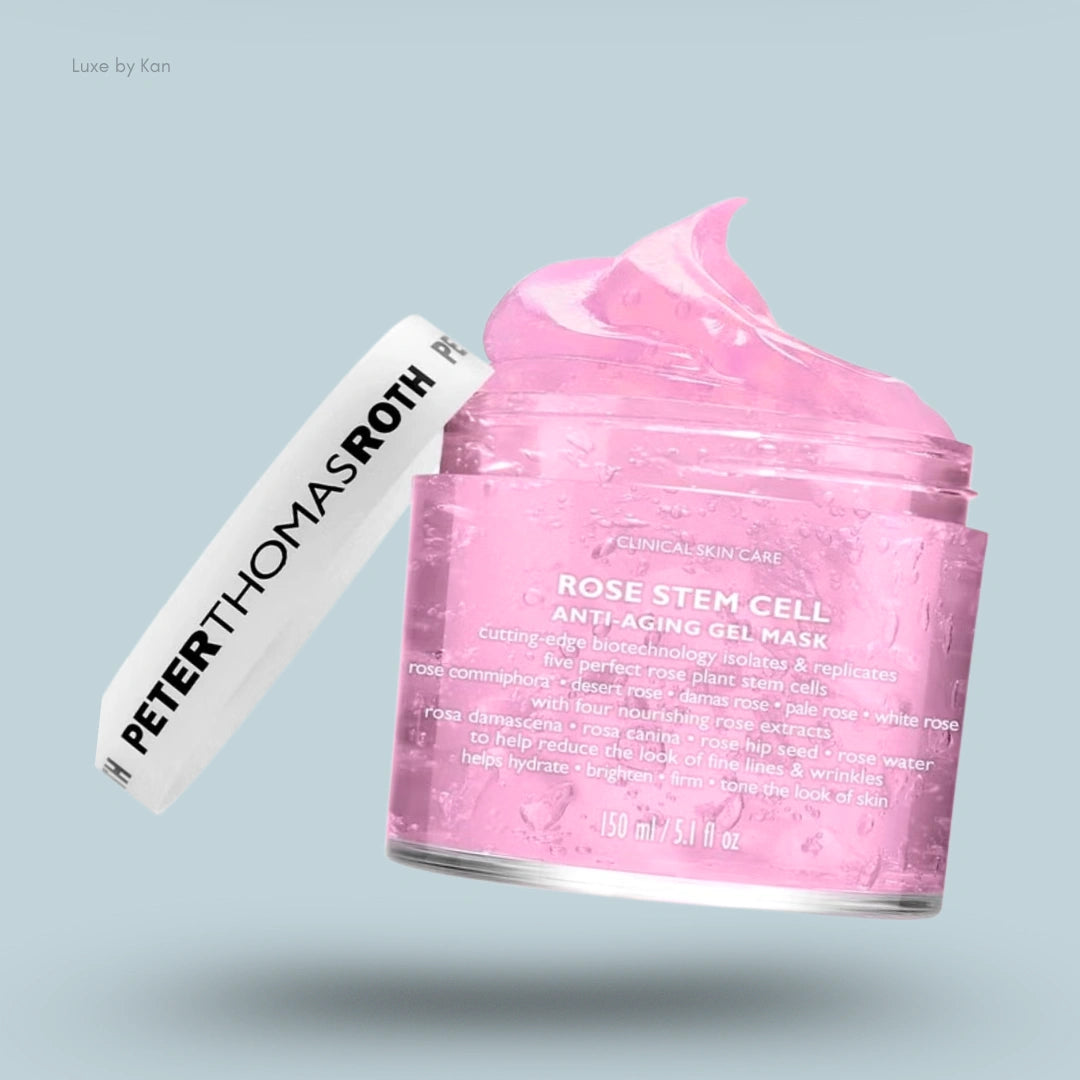 Peter Thomas Roth Rose Stem Cell Anti-Aging Gel Mask in a transparent container with a white lid, featuring pink gel spilling out. The label highlights key ingredients and benefits.