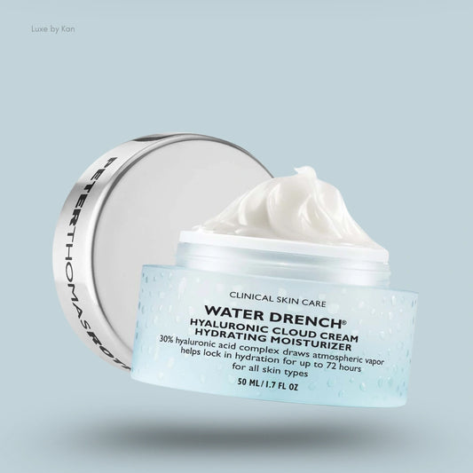 Peter Thomas Roth Water Drench Hyaluronic Cloud Cream jar with dollops of product and lid.