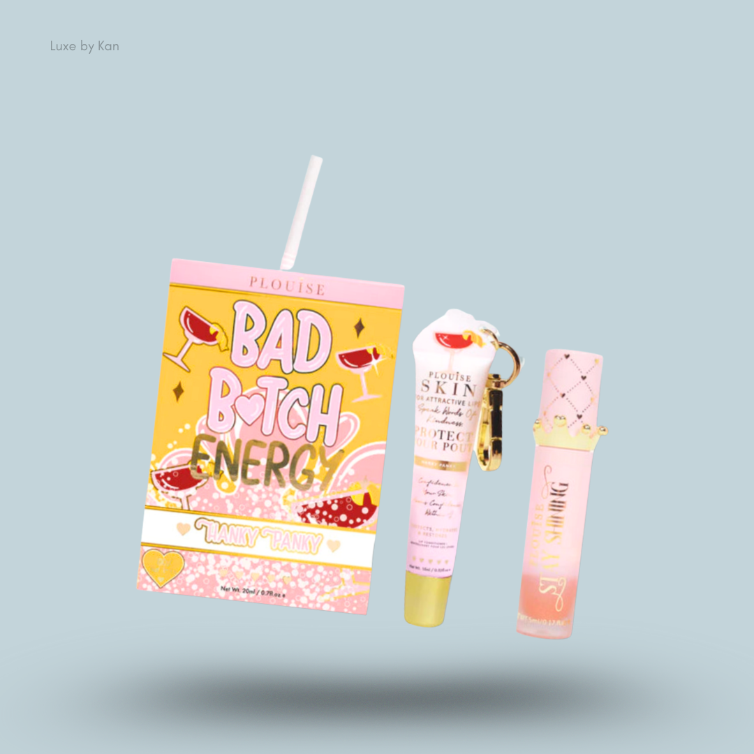 Plouise Bad Bitch Energy lip duo, including a lip gloss and lip plumper, with packaging inspired by a juice box.
