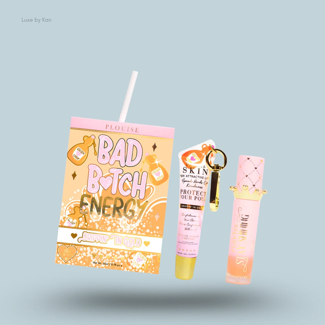 Plouise Bad Bitch Energy lip duo featuring a juice box themed package with a straw, lip treatment protector, and lip gloss.