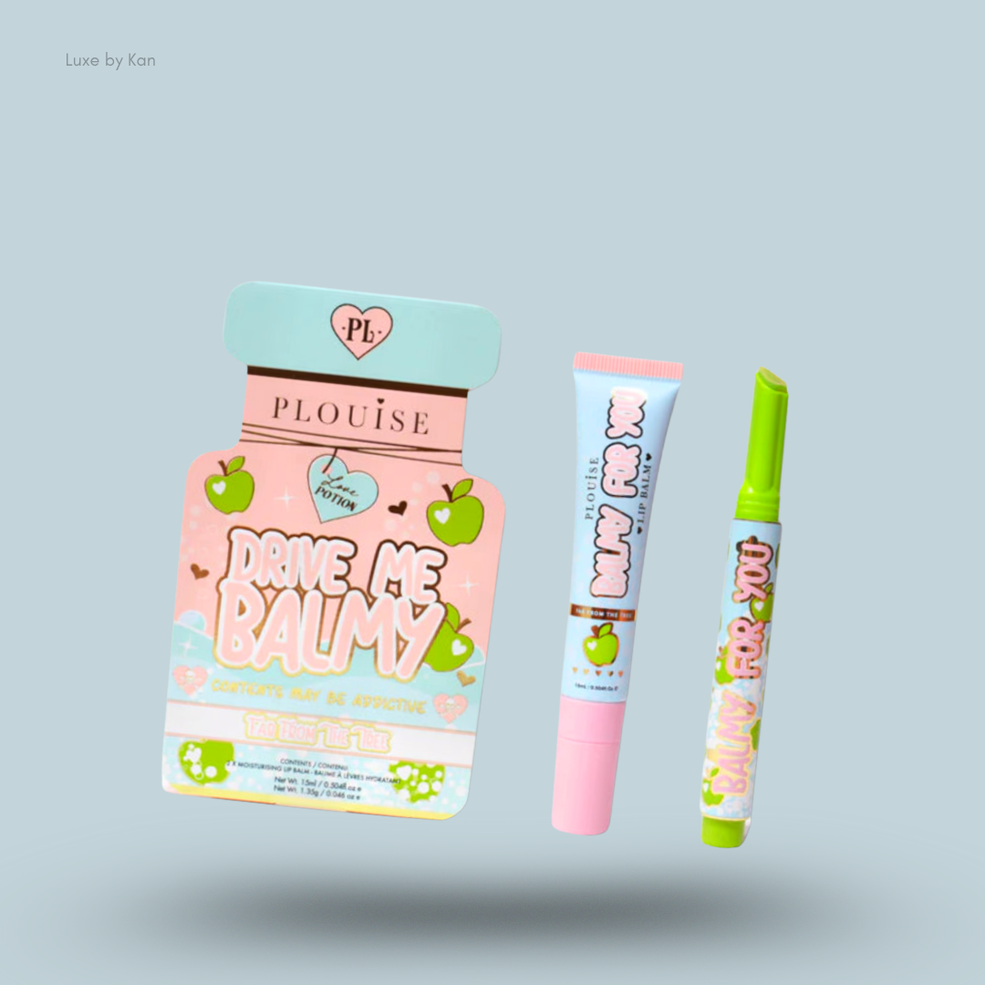 Three Plouise Drive Me Balmy lip balm products: a rectangular card holder, a squeeze tube, and a twist-up crayon.