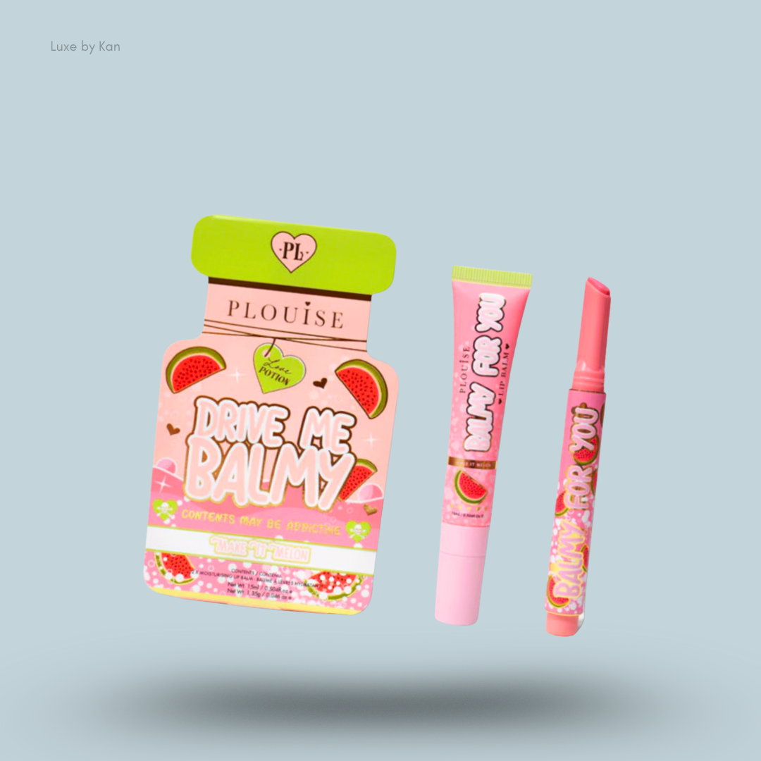 Three Plouise Drive Me Balmy watermelon-themed lip balm products, packaged to resemble beauty potions.