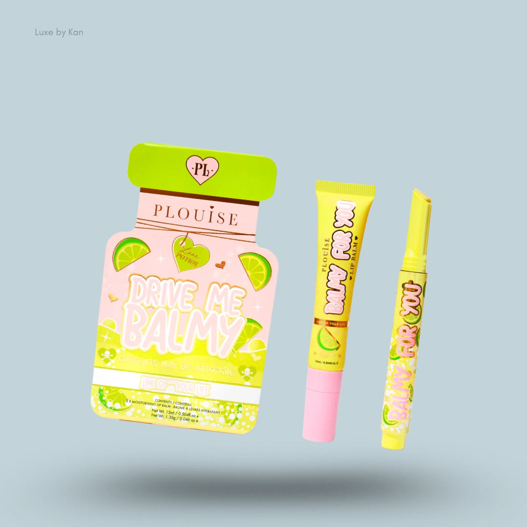 Product shot of lip balm duo, including a balm in a tub, a tube, and stick application.