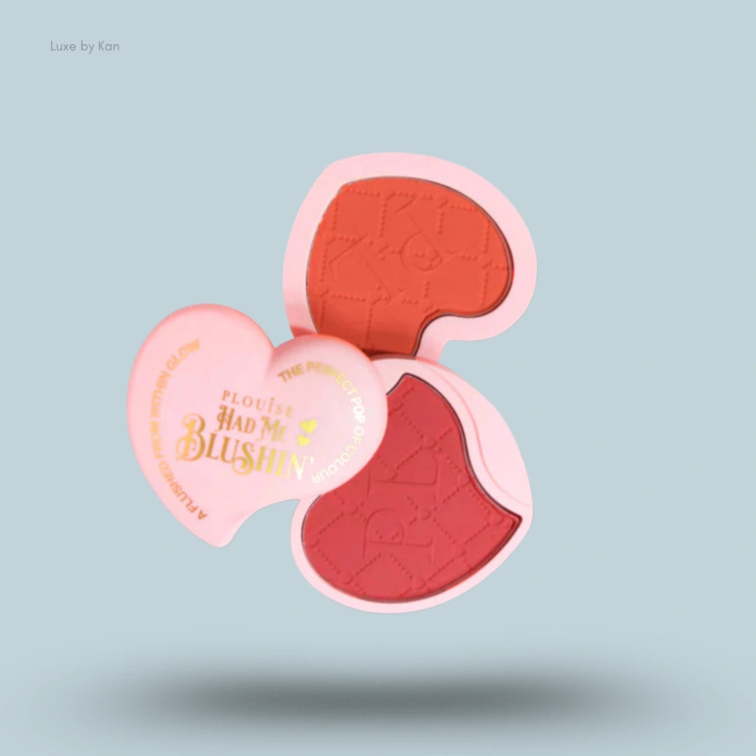 Open P.Louise Had Me Blushin’ powdered blush duo, featuring two shades in segmented, heart-shaped pans within light pink packaging.