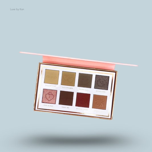 Plouise "Love Tapes" eyeshadow palette, date night collection, displaying eight shadows with varying shades of pink and brown.