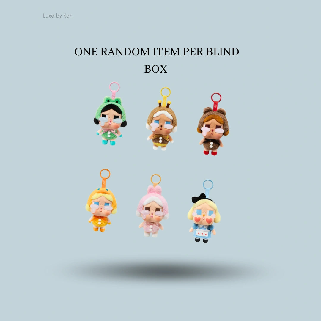 Six Crybaby Crying Again Series vinyl face plush single blind box figures with different outfits and a crying expression.