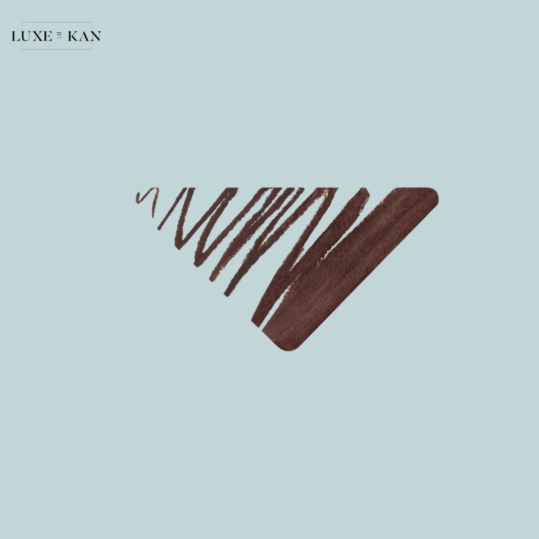 Stylized brown makeup swatches forming a triangular shape on a soft blue background, with the text "Luxe & Kan" at the top.