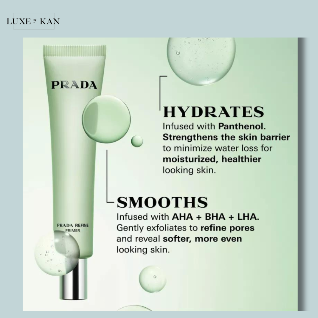 Prada Refine Primer tube displayed with benefits highlighting hydration and smoothing effects for healthier, softer skin.