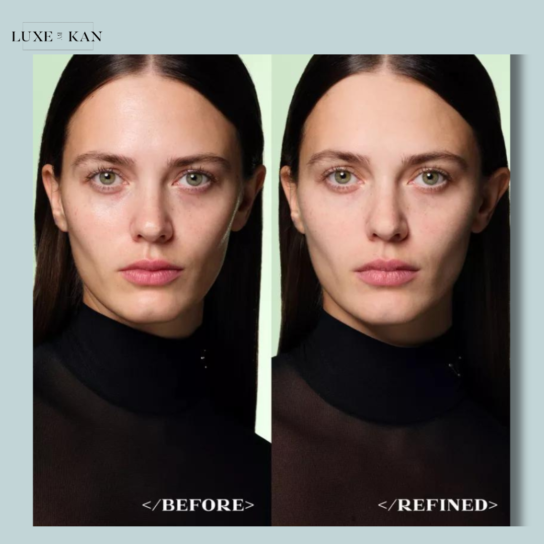 Prada refine blurring extending primer comparison of a model's look before and after a beauty treatment, showcasing significant enhancement in skin appearance.