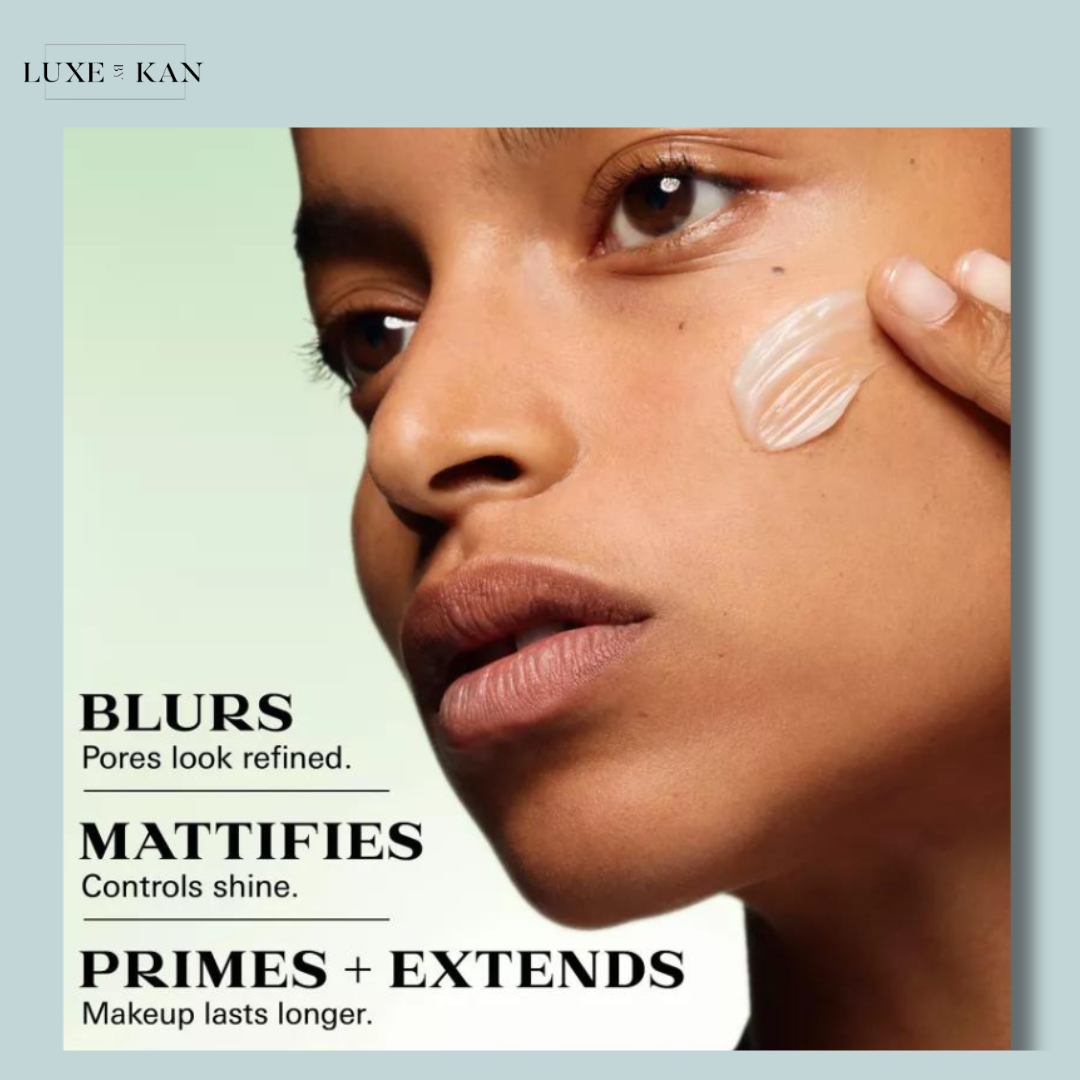 A skincare product display featuring text on benefits like pore blurring, mattifying, and extending makeup wear, against a soft background.