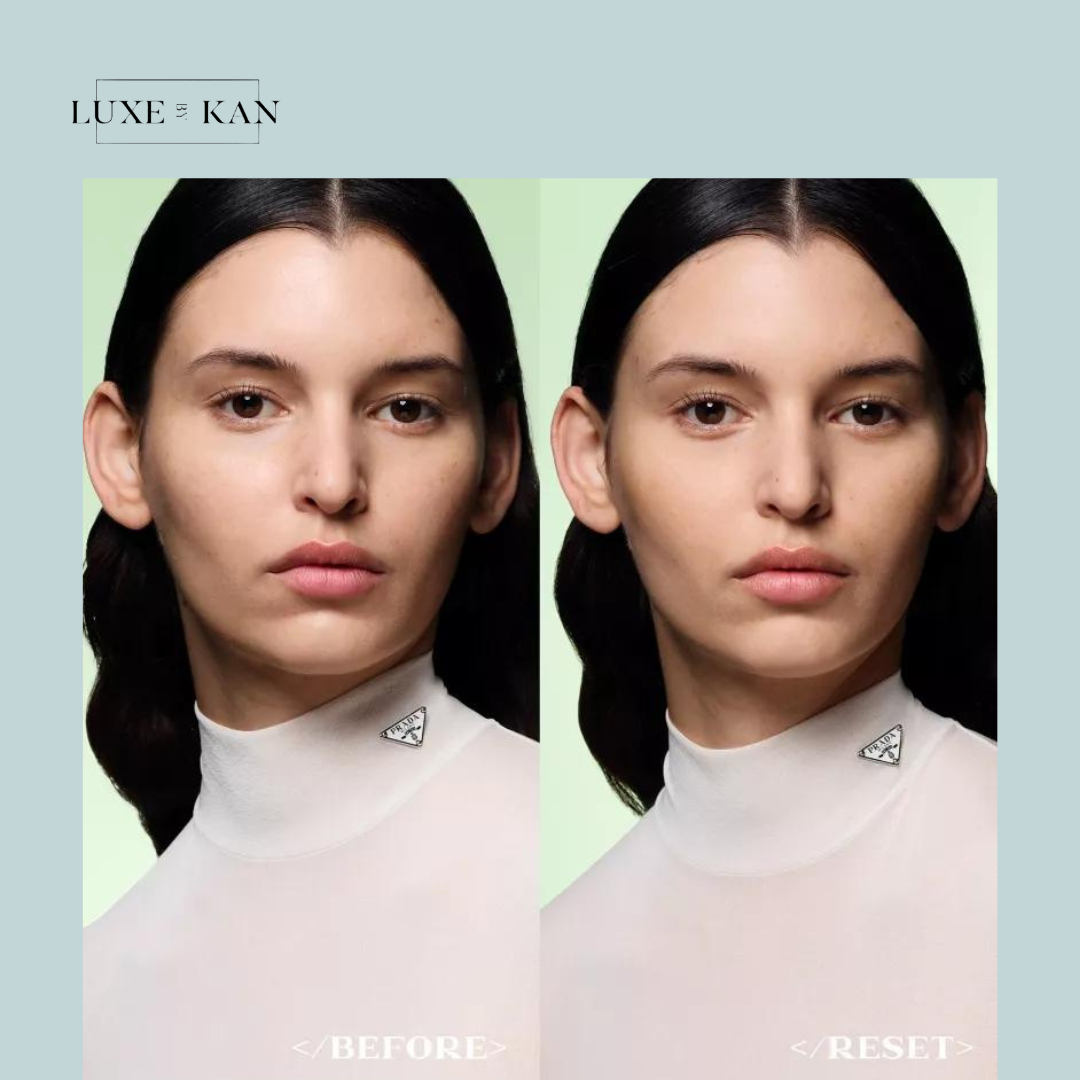 Dual image comparison showcasing a model in a high-neck top, labeled "Before" and "Reset," against a pastel background.