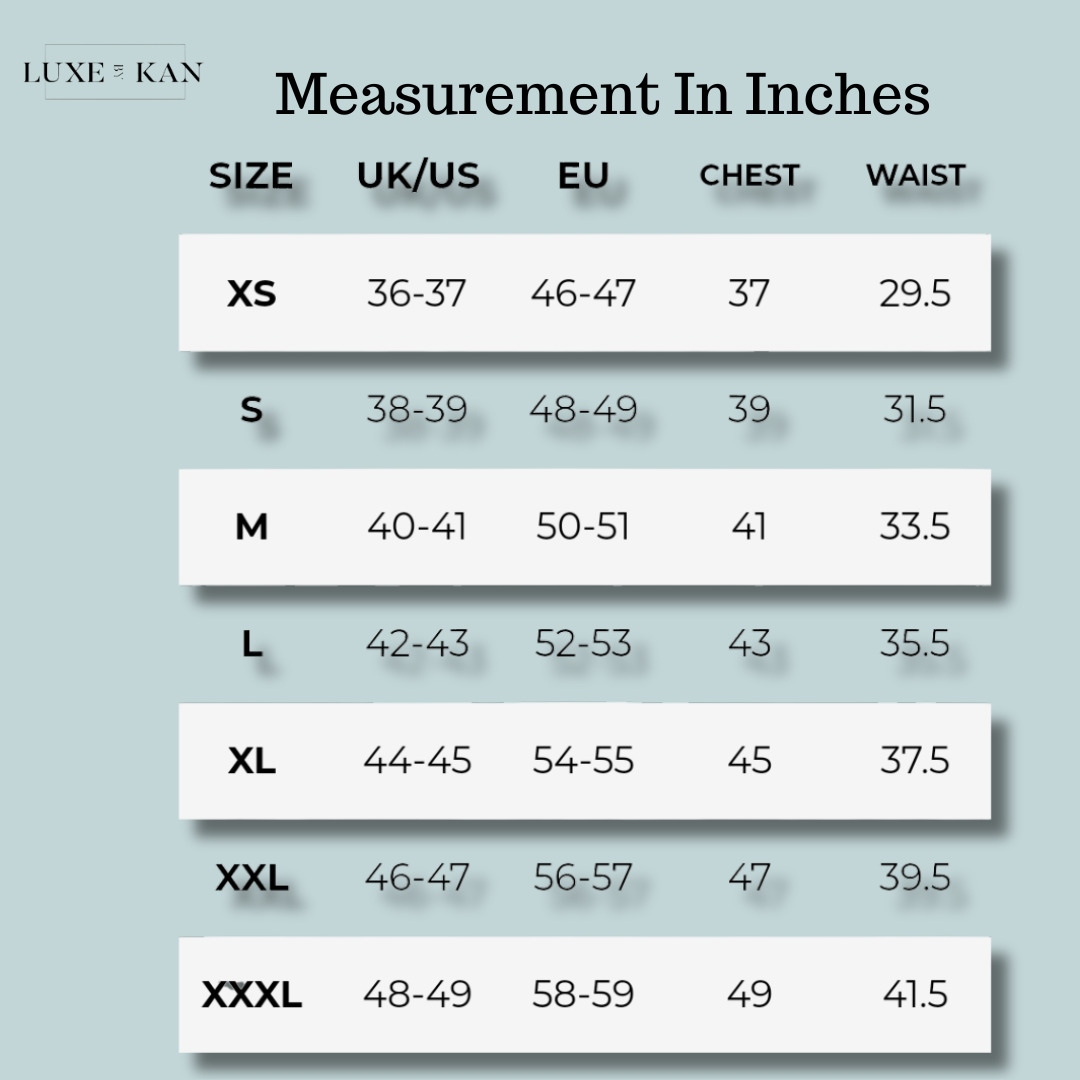 Size chart displaying UK/US and EU measurements for XS to XXXL, including chest and waist sizes in inches.