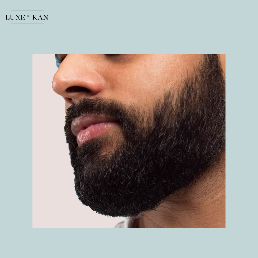 A close-up of a well-groomed beard against a soft pastel background, highlighting its texture and shape.