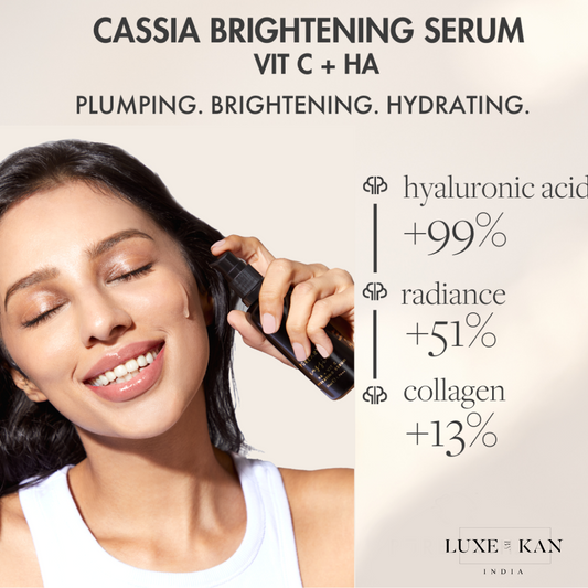 A person holds a bottle of Cassia Brightening Serum, highlighting benefits of plumping, brightening, and hydrating ingredients.