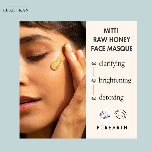 Mitti Raw Honey Face Masque highlighting its clarifying, brightening, and detoxing benefits.