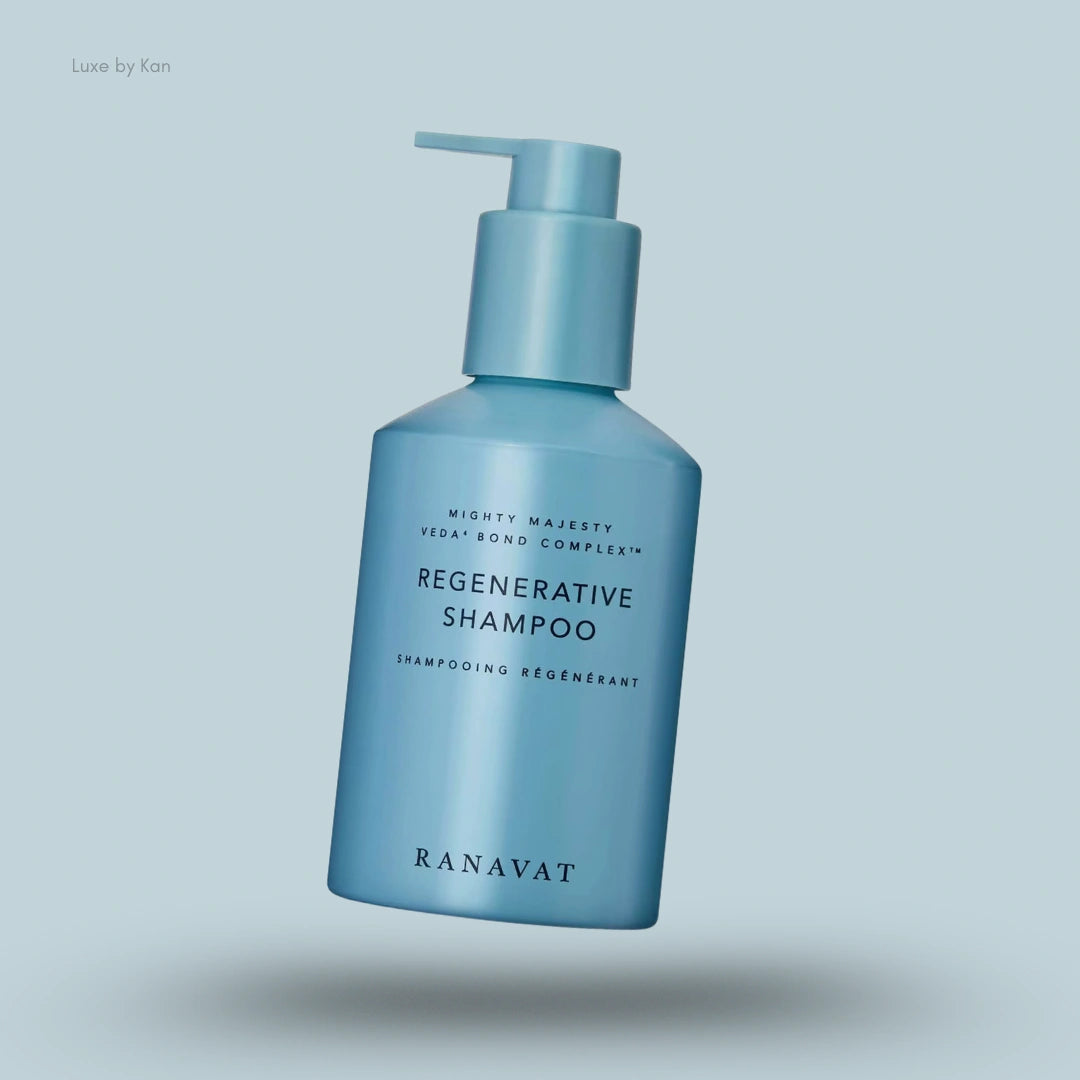 Pale blue bottle of Ranavat Regenerative Shampoo with a pump dispenser.