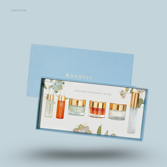 Ranavat The Jewel Box Discovery Edit Set featuring travel-sized haircare and skincare products, presented in a blue box.