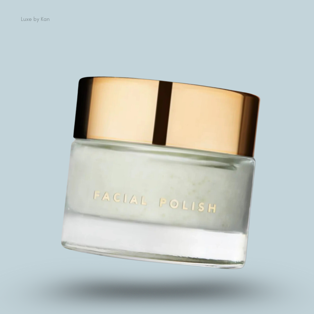 Jar of Ranavat Facial Polish in a glass container with gold lid.