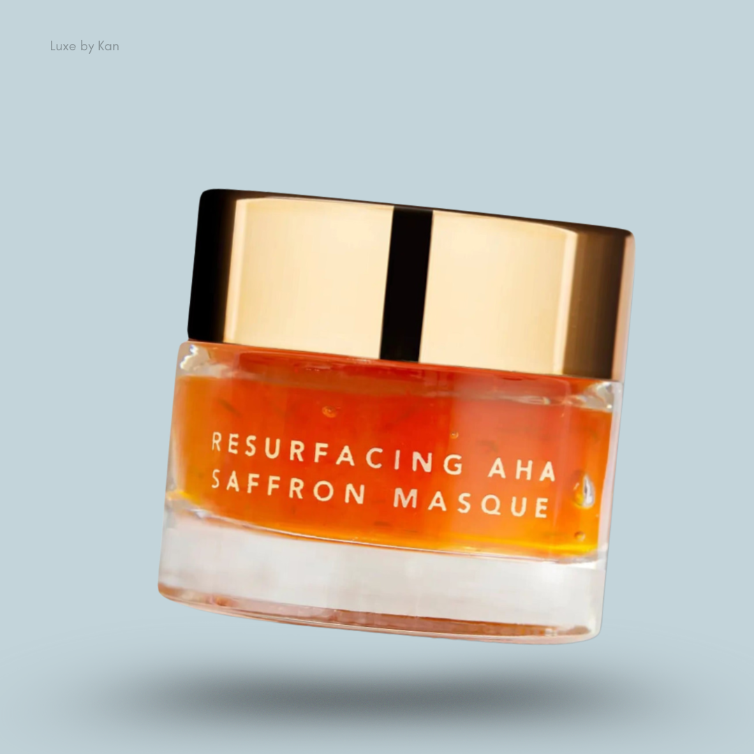 Ranavat Resurfacing AHA Saffron Masque in jar with gold lid.